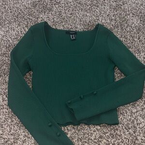 Forever 21 Dark Green Ribbed Scoop Neck Long Sleeve Top